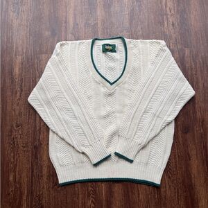 Vintage Dunbrooke Cricket Sweater Mens L White Cable Knit V-Neck Tennis 90s
